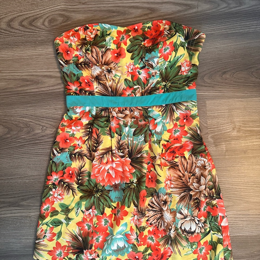 Love Tree Strapless Floral Dress with Teal Band